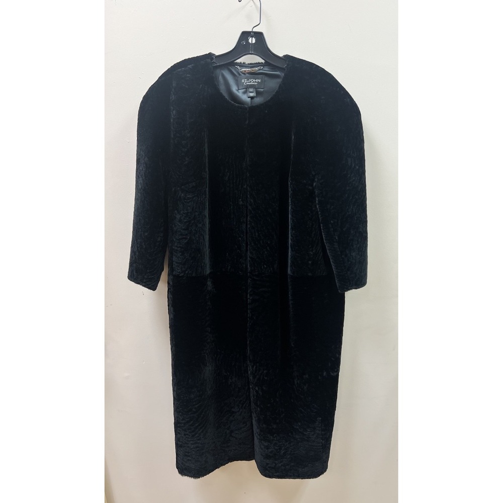 St John Couture Coat Womens L Black Lamb Fur Long Shearling Jacket Luxury Formal